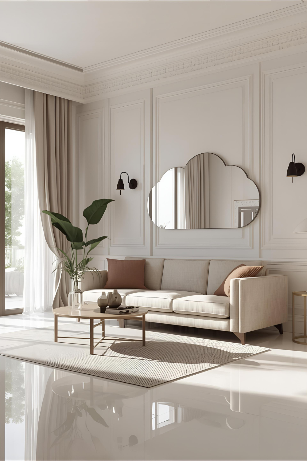 Scandinavian-style living room with beige panel wall, cloud-shaped mirror, beige rug, and floor lamp. 
    The soft color palette and minimal decor create a serene and modern Nordic atmosphere.